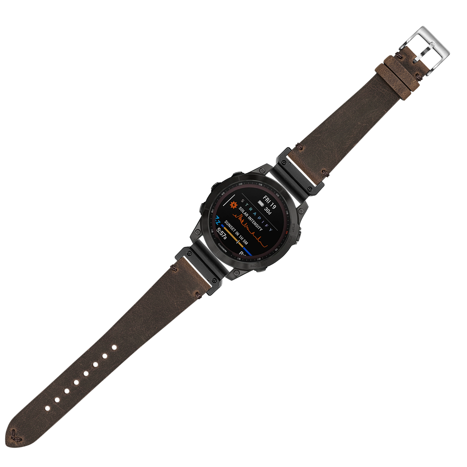 Black digital smartwatch with brown leather QuickFit band, featuring AMOLED display and metal case