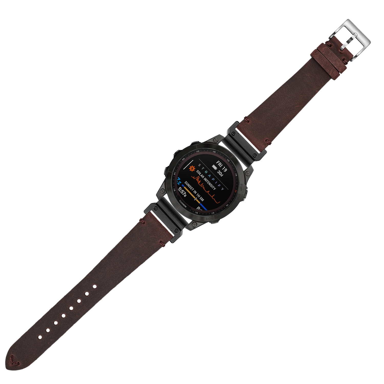 Dark red vintage crazy horse leather smartwatch band 26mm with silver buckle and black digital watch face