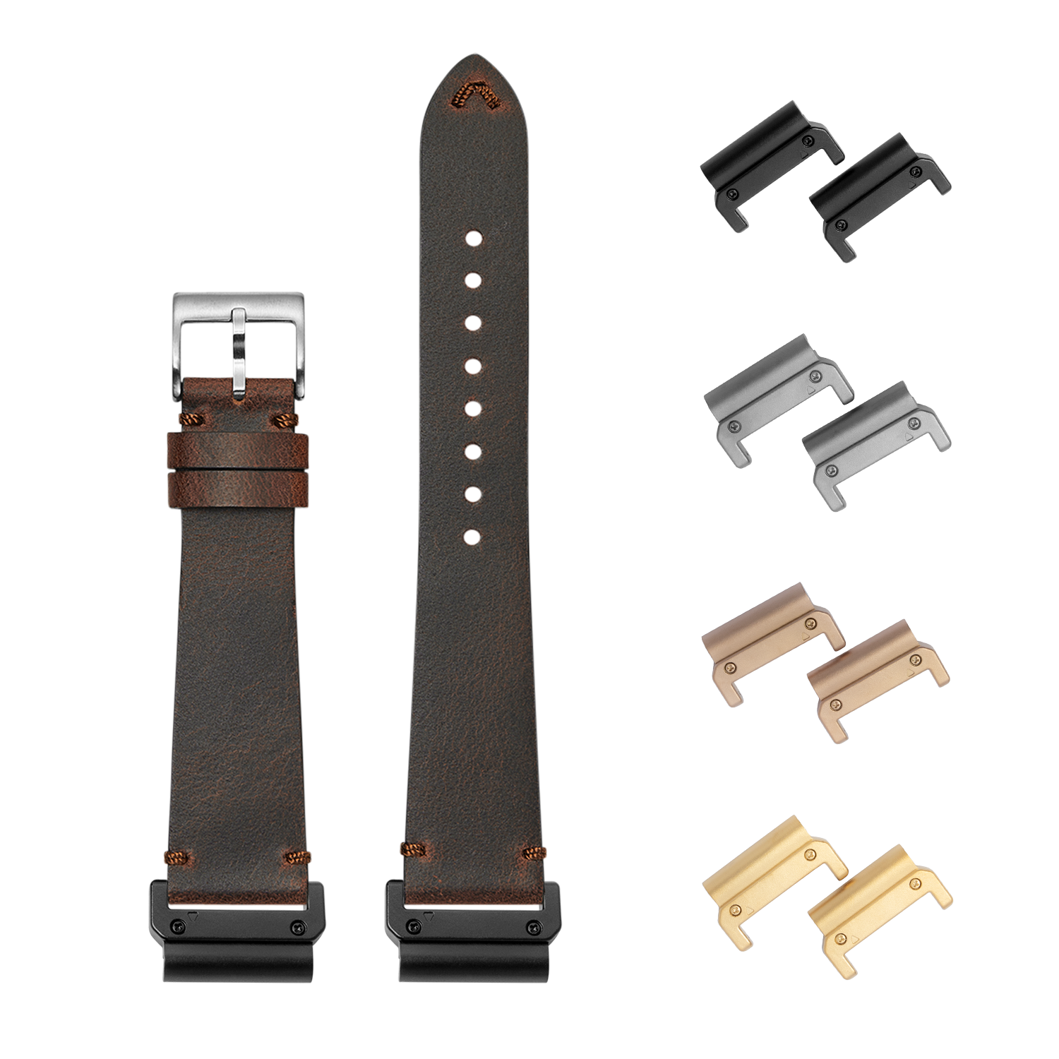 Vintage brown leather quick-release watch band 26mm with interchangeable metal lugs in black, silver, rose gold and gold finishes