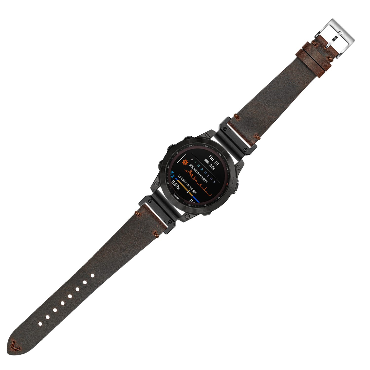 Black digital smartwatch with AMOLED display and brown crazy horse leather QuickFit strap, silver buckle