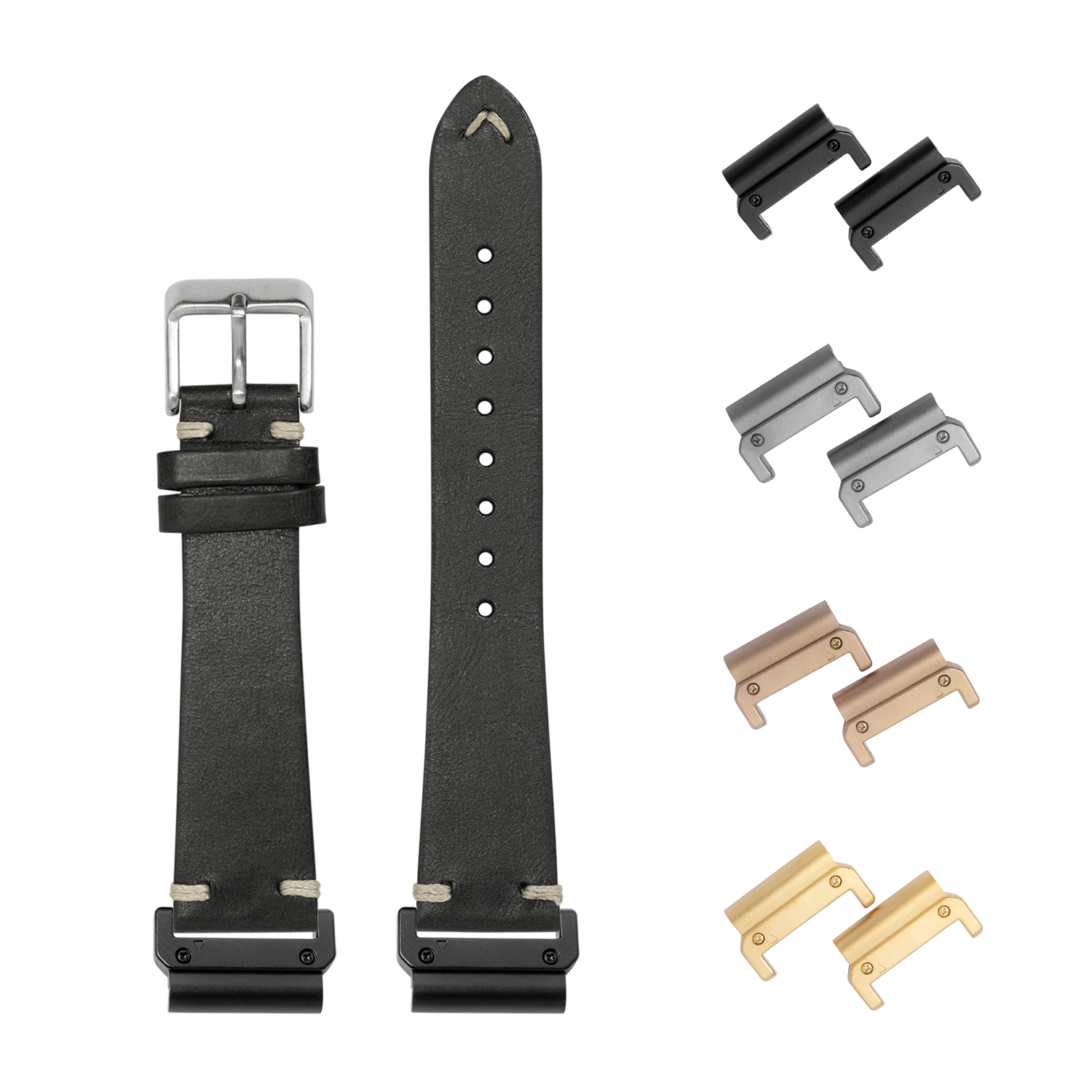 Black leather watch strap with interchangeable lugs in multiple finishes and silver buckle