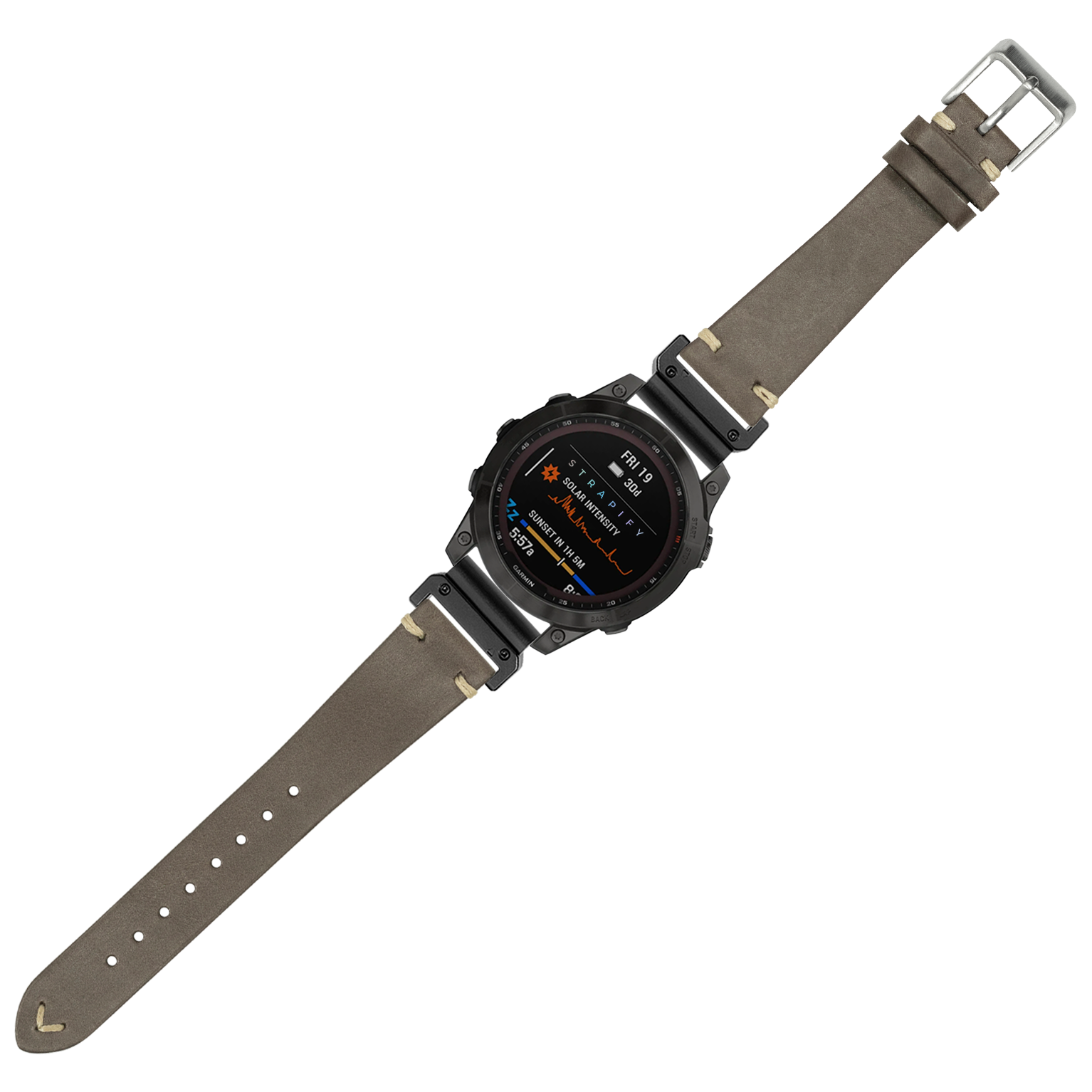 Tactical smartwatch with black digital display and dark brown leather QuickFit strap featuring metal buckle