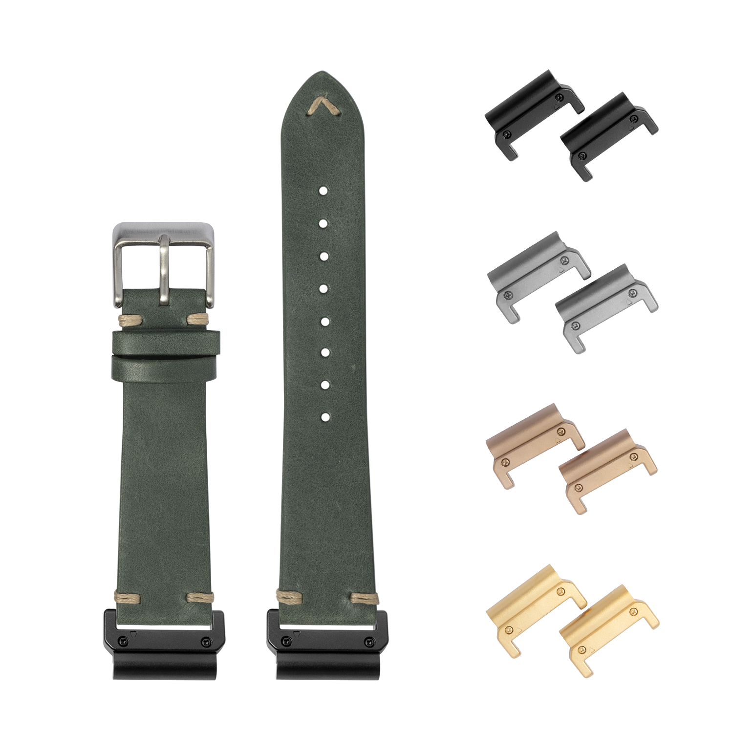 Green leather smartwatch band with quick-fit connectors in multiple metal finishes including black, silver, bronze and gold