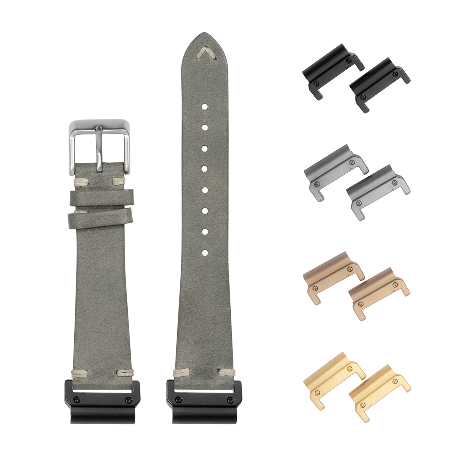 Grey vintage knotted leather watch band 26mm with quick-fit metal connectors in black, silver, bronze and gold finishes