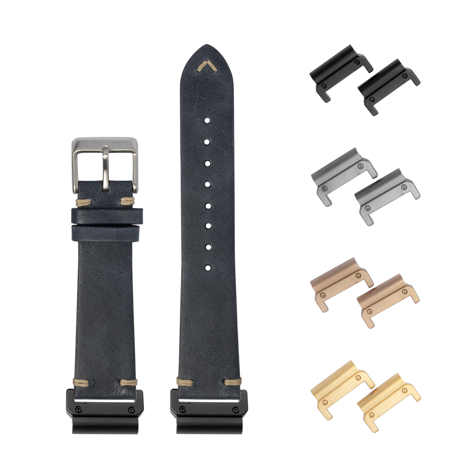 Charcoal blue leather quickfit watch band 26mm with interchangeable lugs in black, silver, rose gold and gold finishes