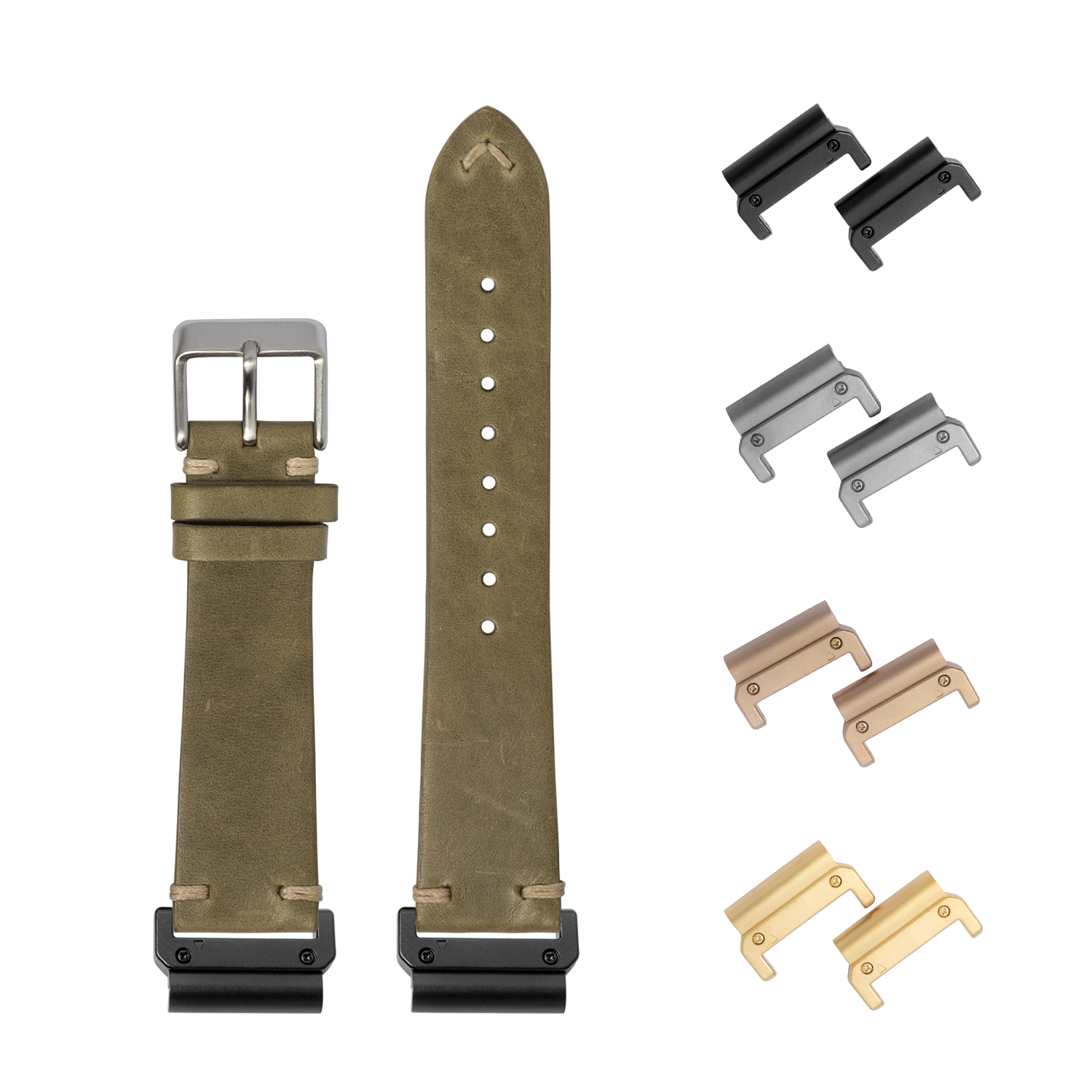 Olive green leather watch band 26mm with quick-fit system, metal buckle, and interchangeable metal connectors in black, silver, bronze, and gold finishes