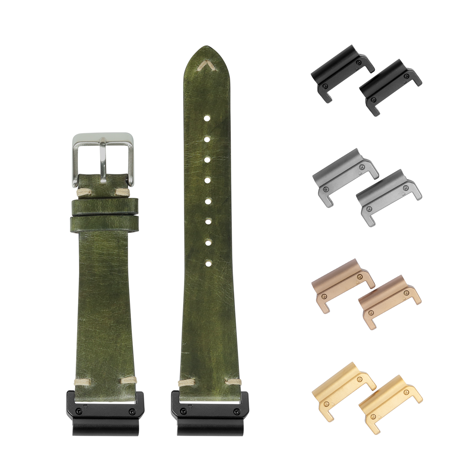Vintage knotted green leather smartwatch band 26mm with quick-fit metal connectors in black, gunmetal, bronze and gold finishes