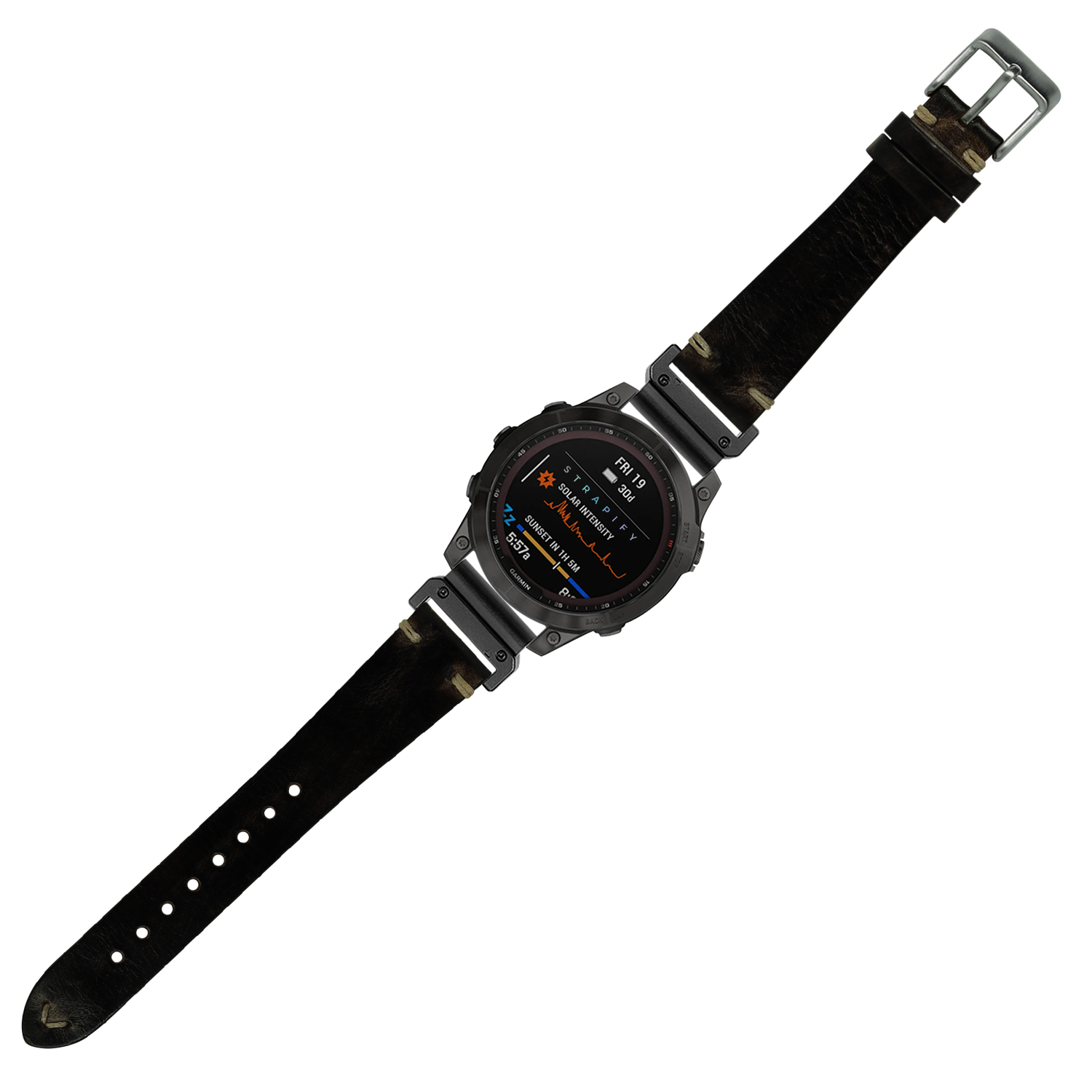 Vintage knotted leather smartwatch band in smoked black with 26mm QuickFit connector and metal buckle