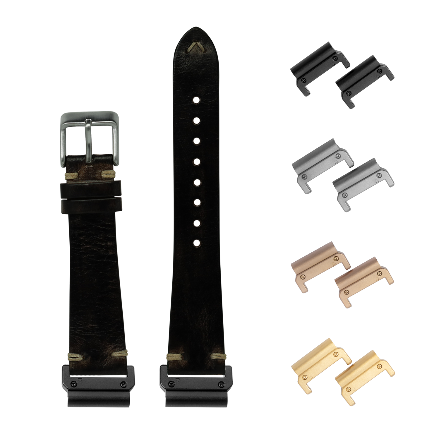 QuickFit vintage knotted leather watch strap 26mm smoked black with interchangeable metal lugs in multiple finishes