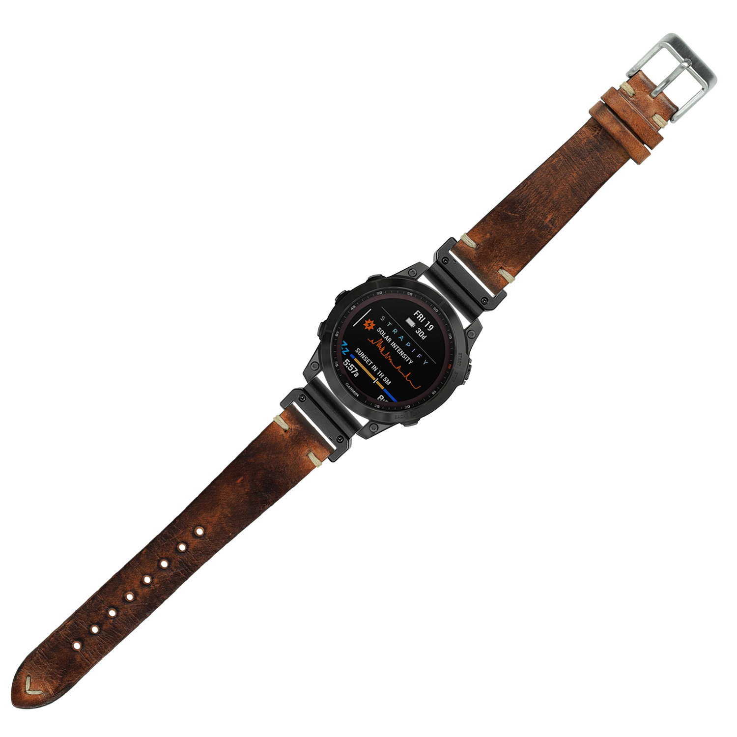 Smartwatch with black case and digital display featuring vintage smoked brown knotted leather strap with metal buckle