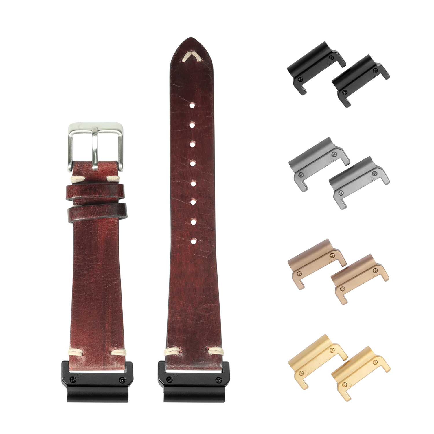 Vintage knotted smoked dark brown leather QuickFit watch band 26mm with interchangeable metal connectors in black, silver, bronze and gold