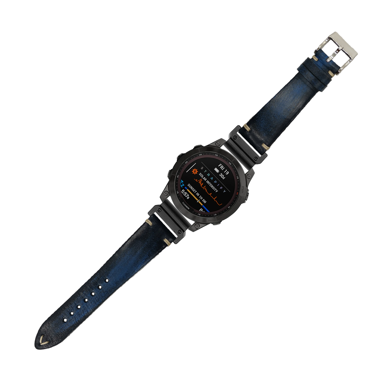 Vintage knotted smoked navy blue leather smartwatch band 26mm with metal buckle and digital display watch face