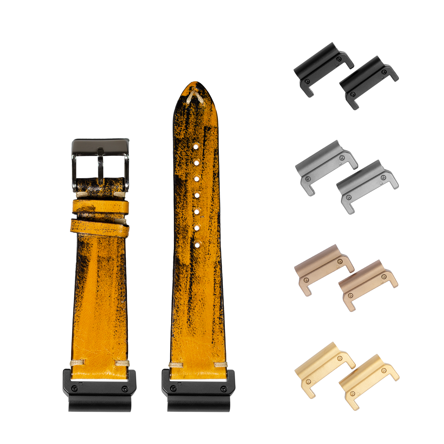 Vintage smoked yellow leather watch band 26mm with quick-fit spring bars and interchangeable lugs in black, gunmetal, bronze and champagne finishes