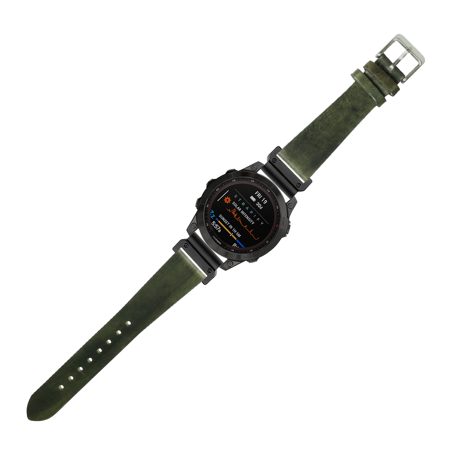 Black digital smartwatch with AMOLED display on burnished Amazon green leather strap, 26mm QuickFit band