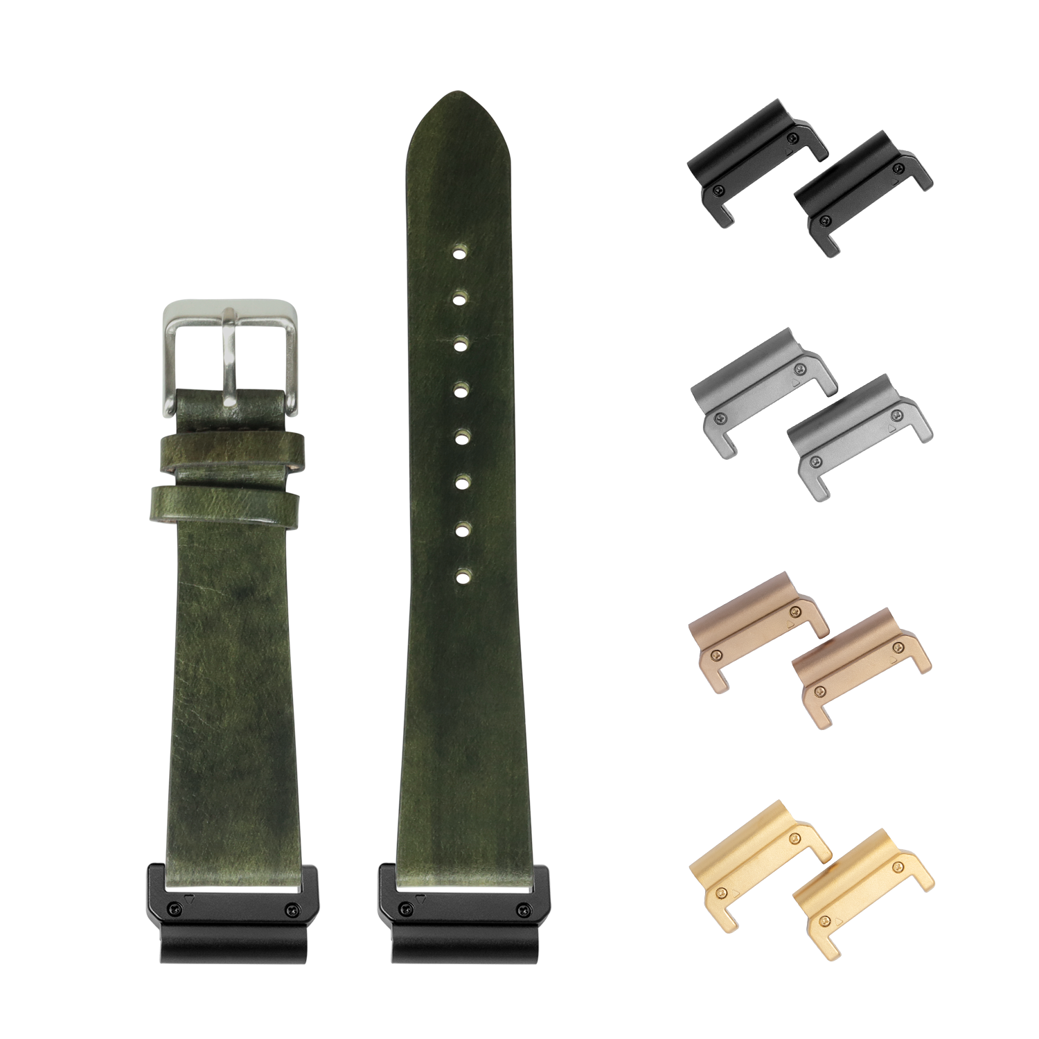 Burnished Amazon green vintage leather watch band 26mm with quick-fit interchangeable lugs in black, stainless steel, bronze, and gold finishes