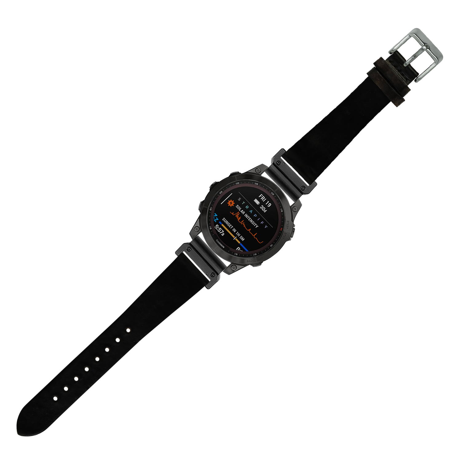 Rugged digital smartwatch with smoked black case and vintage leather strap, featuring colorful display metrics and silver buckle