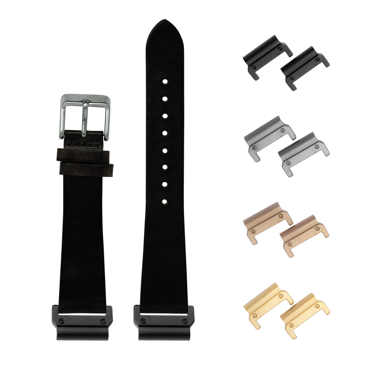 Vintage smoked black leather QuickFit watch band 26mm with interchangeable metal lugs in multiple finishes