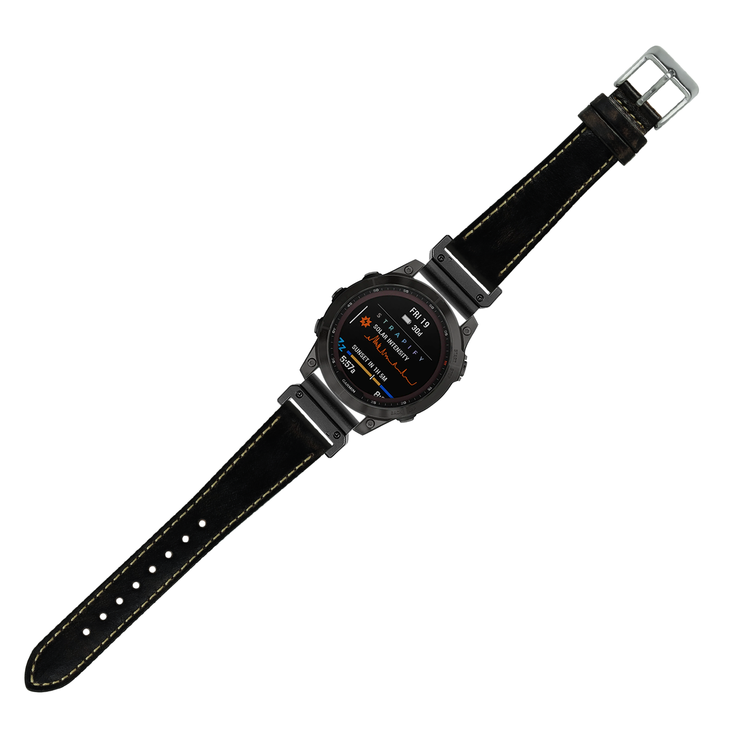 Tactical smartwatch with smoked black case, AMOLED display showing fitness metrics, and vintage black leather band with contrast stitching and QuickFit connector