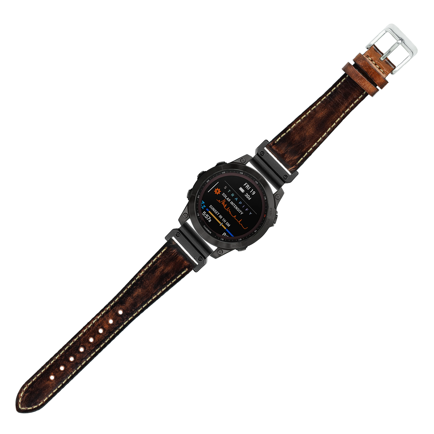 Rugged digital smartwatch with black case and vintage smoked brown leather strap featuring contrast white stitching and silver buckle