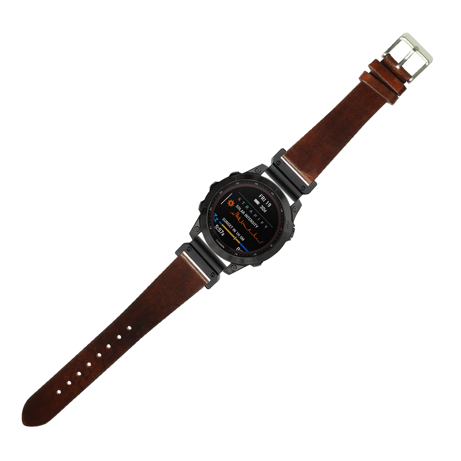 Smartwatch with black digital display and brown leather QuickFit band featuring metal buckle and adjustment holes