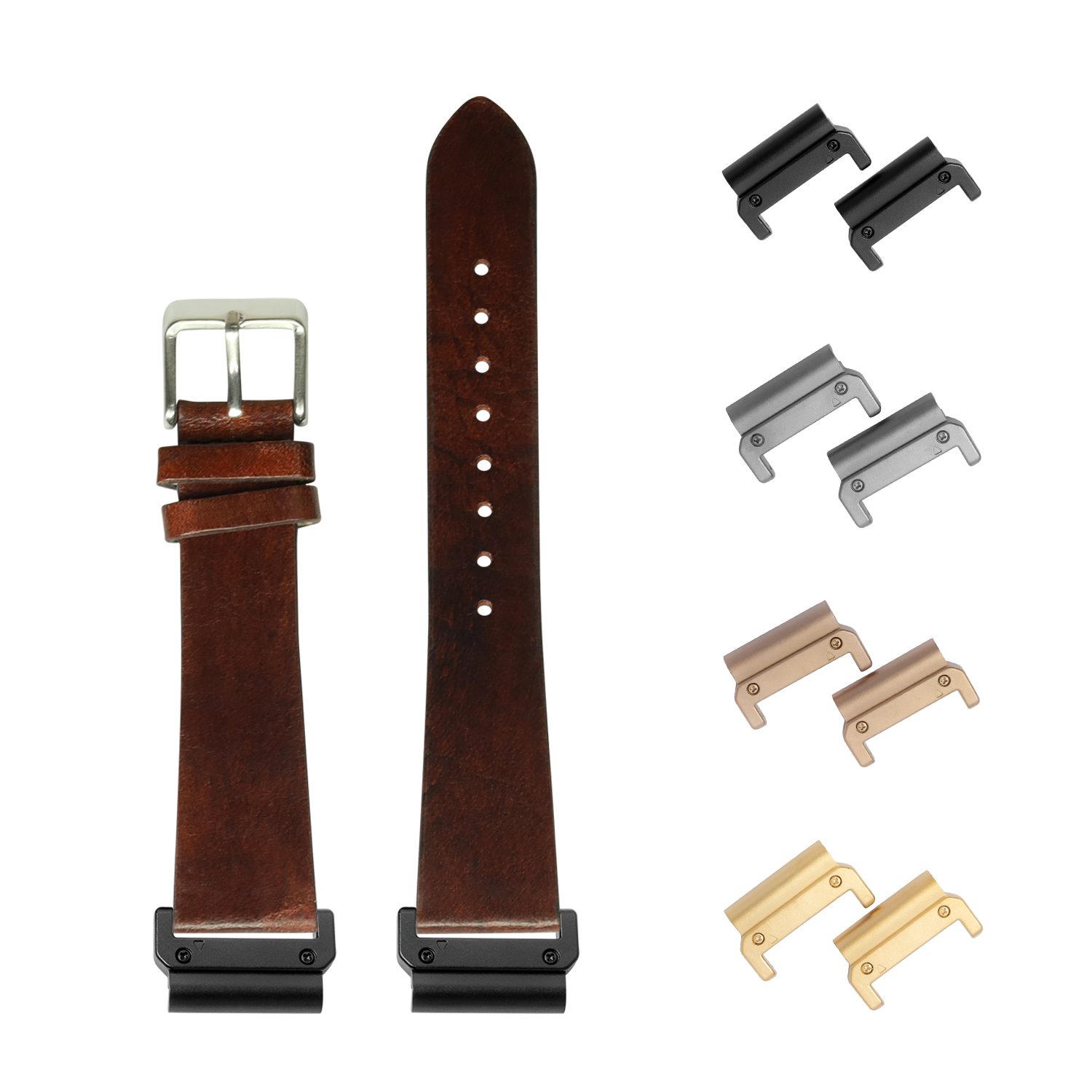 Smoked dark brown vintage leather QuickFit watch band 26mm with interchangeable metal lugs in black, silver, rose gold and gold finishes
