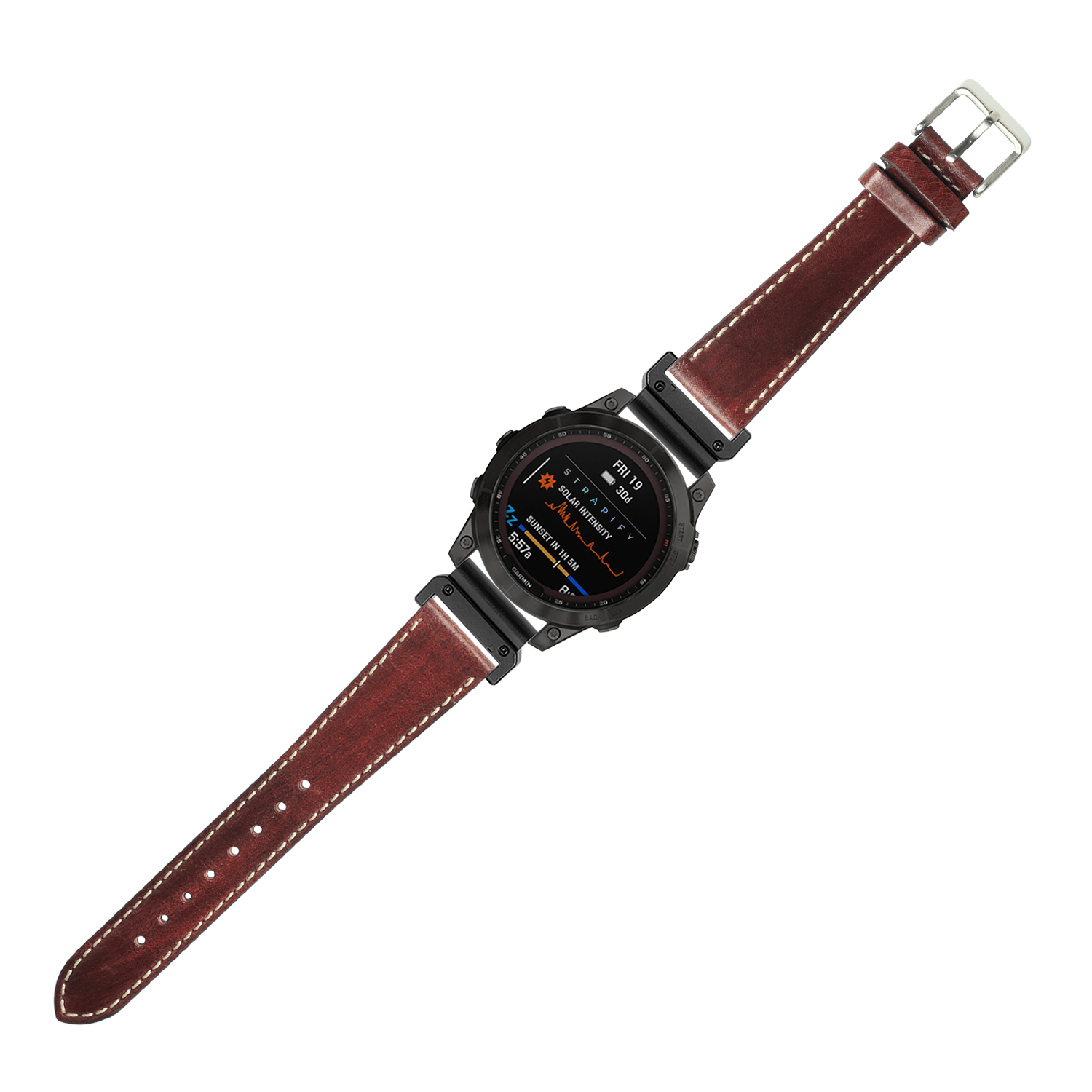 Black digital smartwatch with burgundy leather strap, white contrast stitching, and AMOLED display showing health metrics