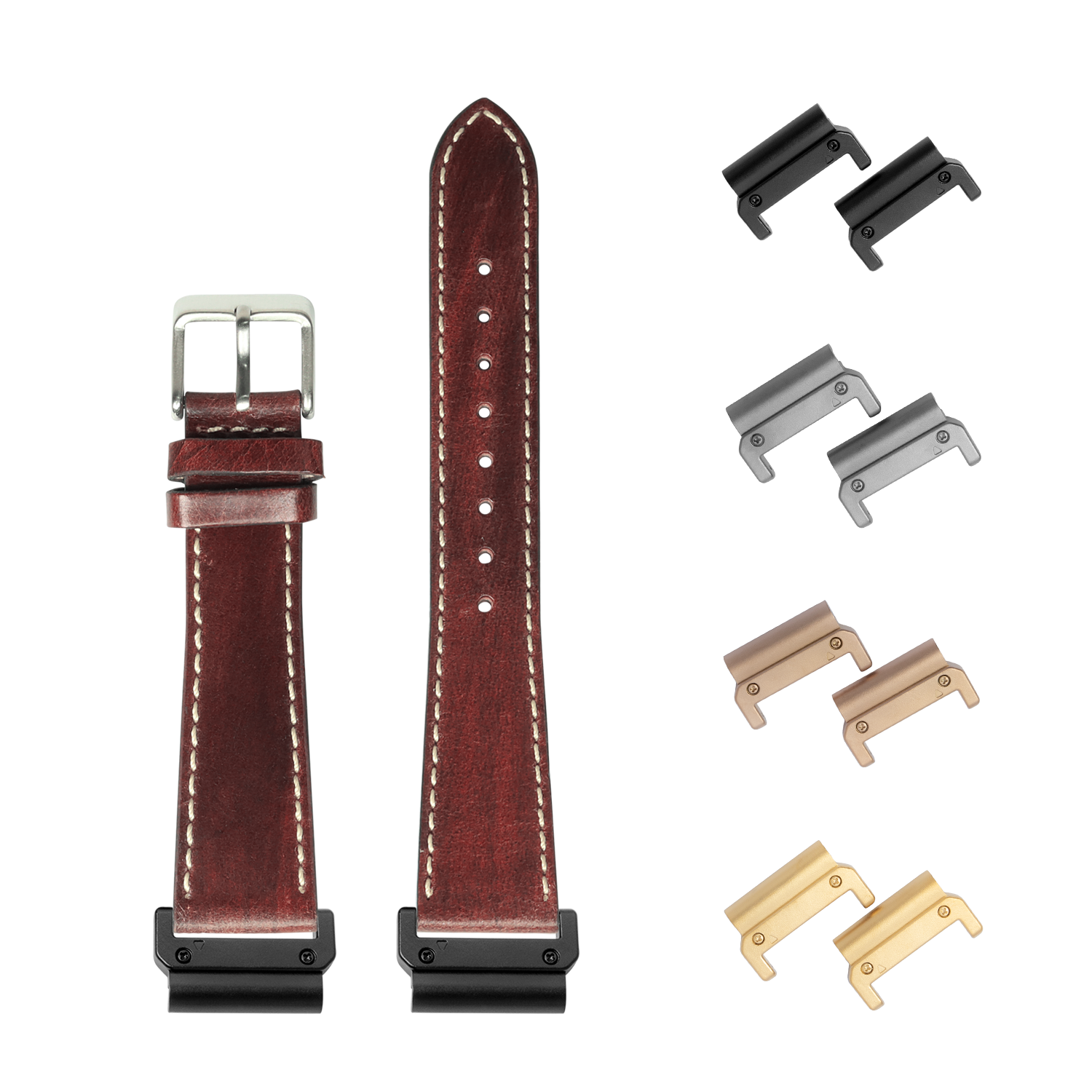 Burgundy leather watch band with contrast stitching, quick-fit connector, and interchangeable metal lugs in black, silver, bronze and gold finishes