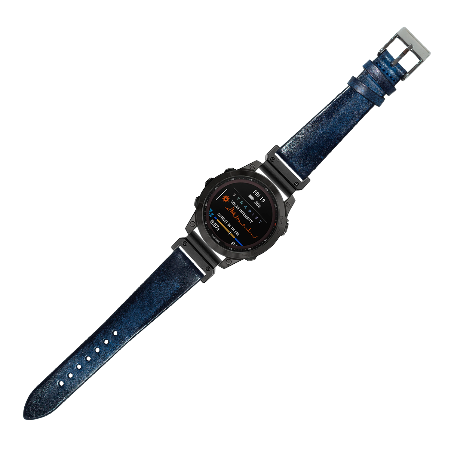 Digital smartwatch with smoked navy blue vintage leather band, rectangular AMOLED display showing fitness metrics, and gunmetal hardware on white background