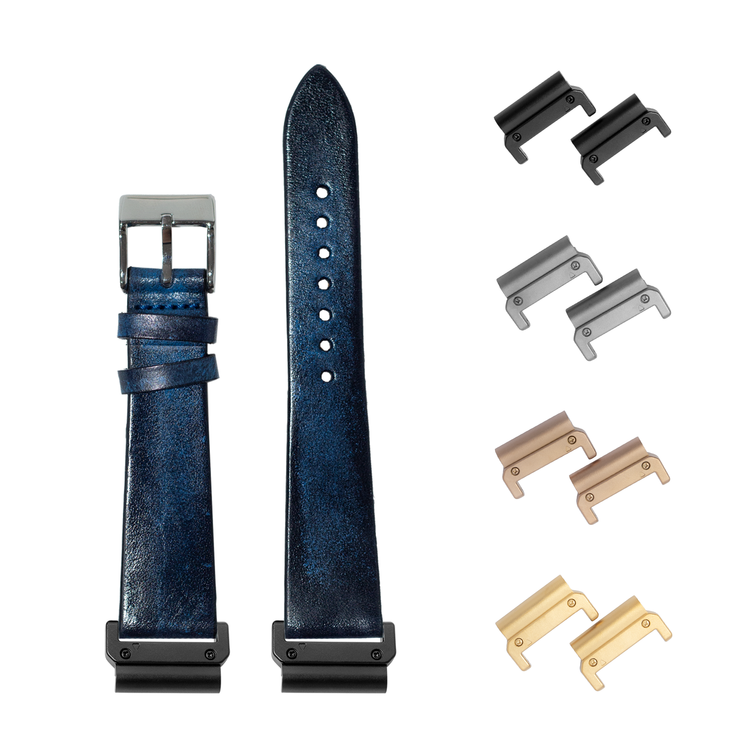 Smoked navy blue vintage leather quick fit watch strap 26mm with interchangeable metal lugs in black, silver, bronze and gold finishes