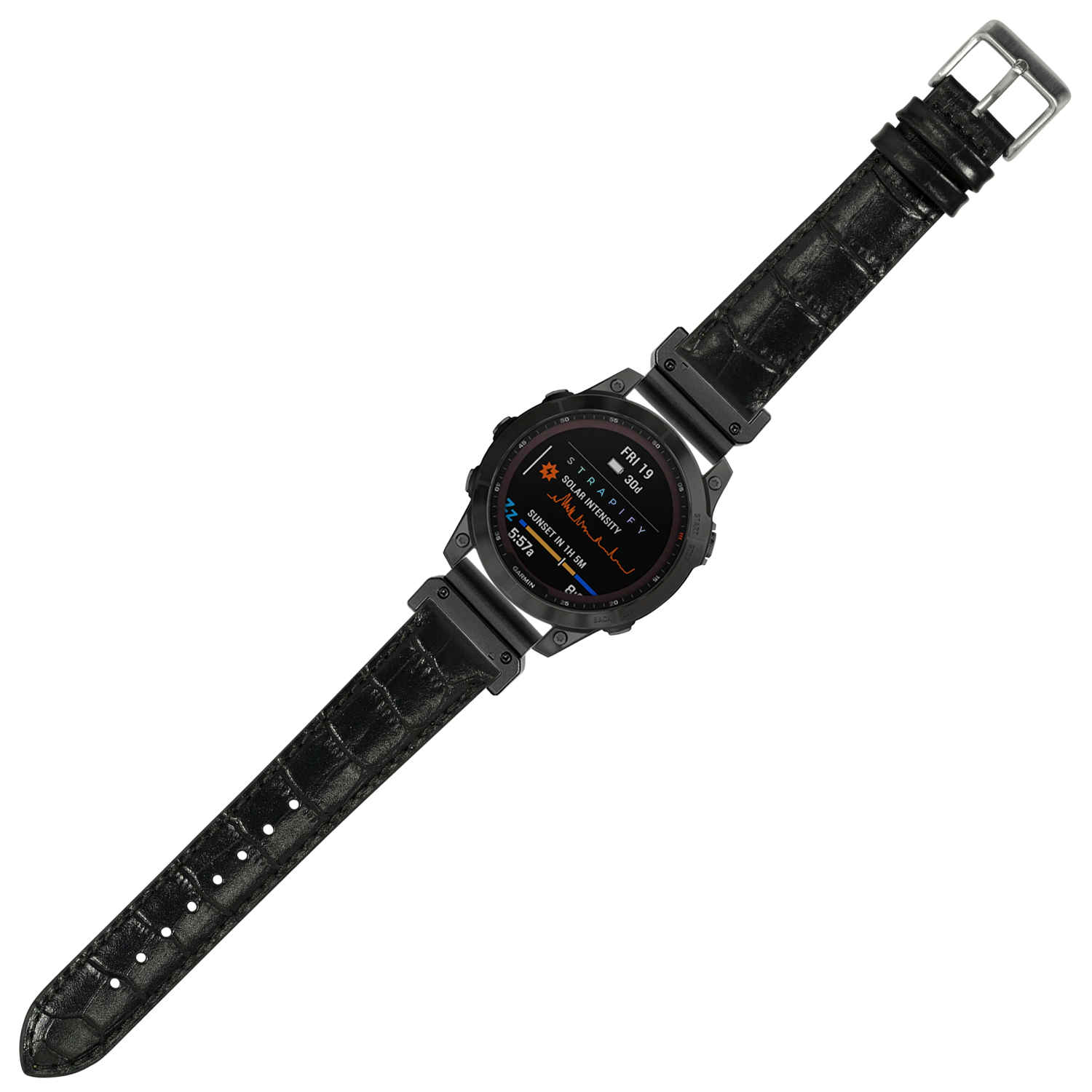 Black alligator leather QuickFit watch band 22mm with digital smartwatch display and metal buckle