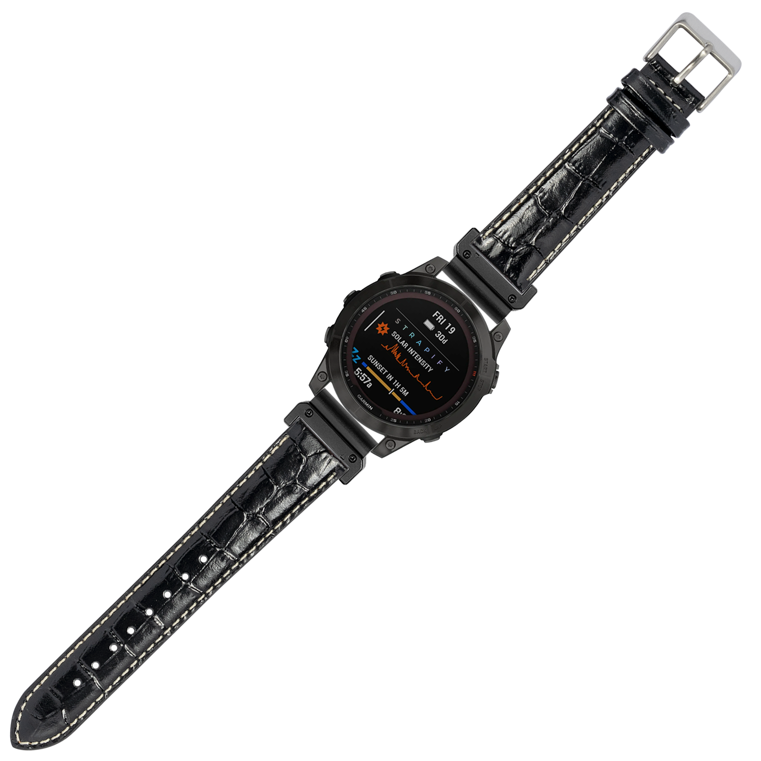 Black alligator leather watch strap with white stitching, 22mm QuickFit band for tactical smartwatch