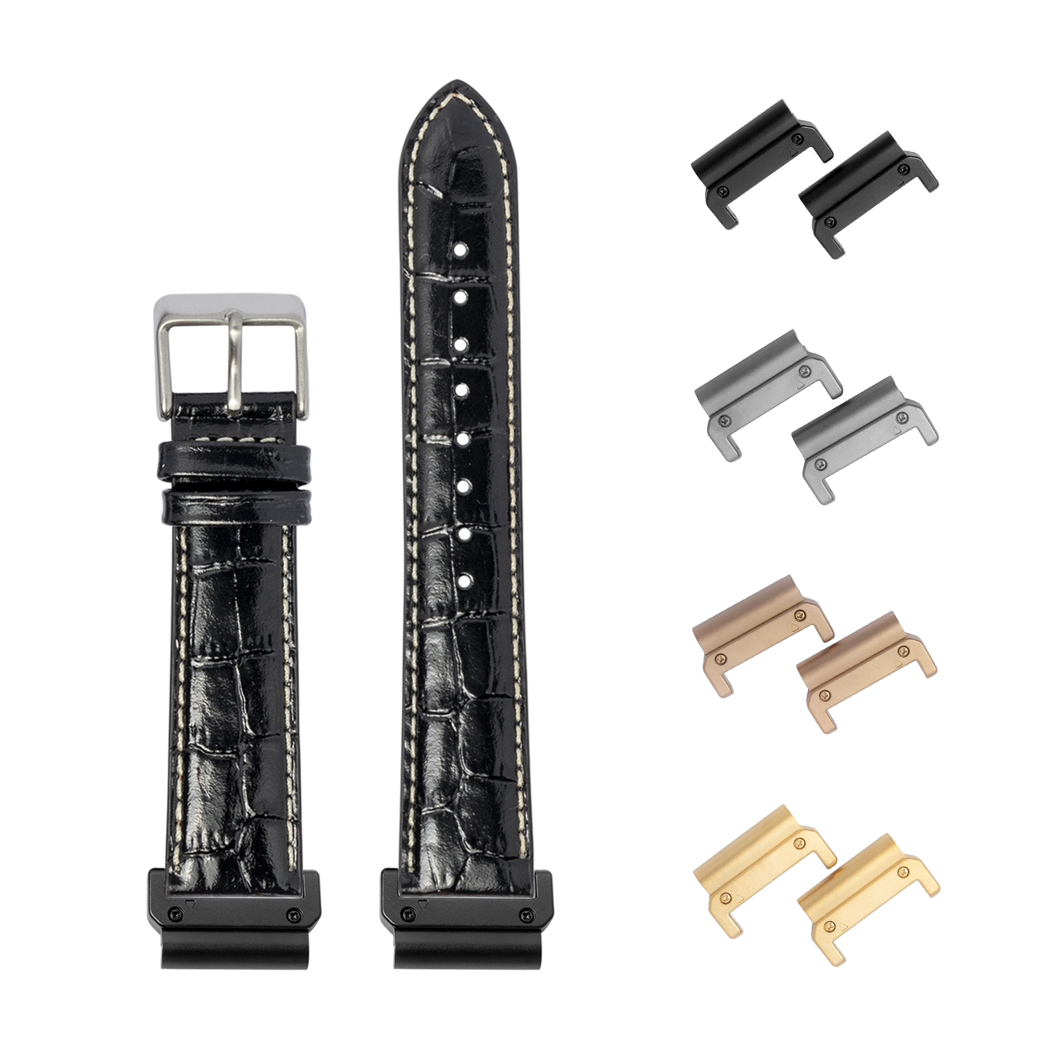 Black alligator leather quickfit watch band 22mm with white stitching, steel buckle, and interchangeable lugs in multiple finishes