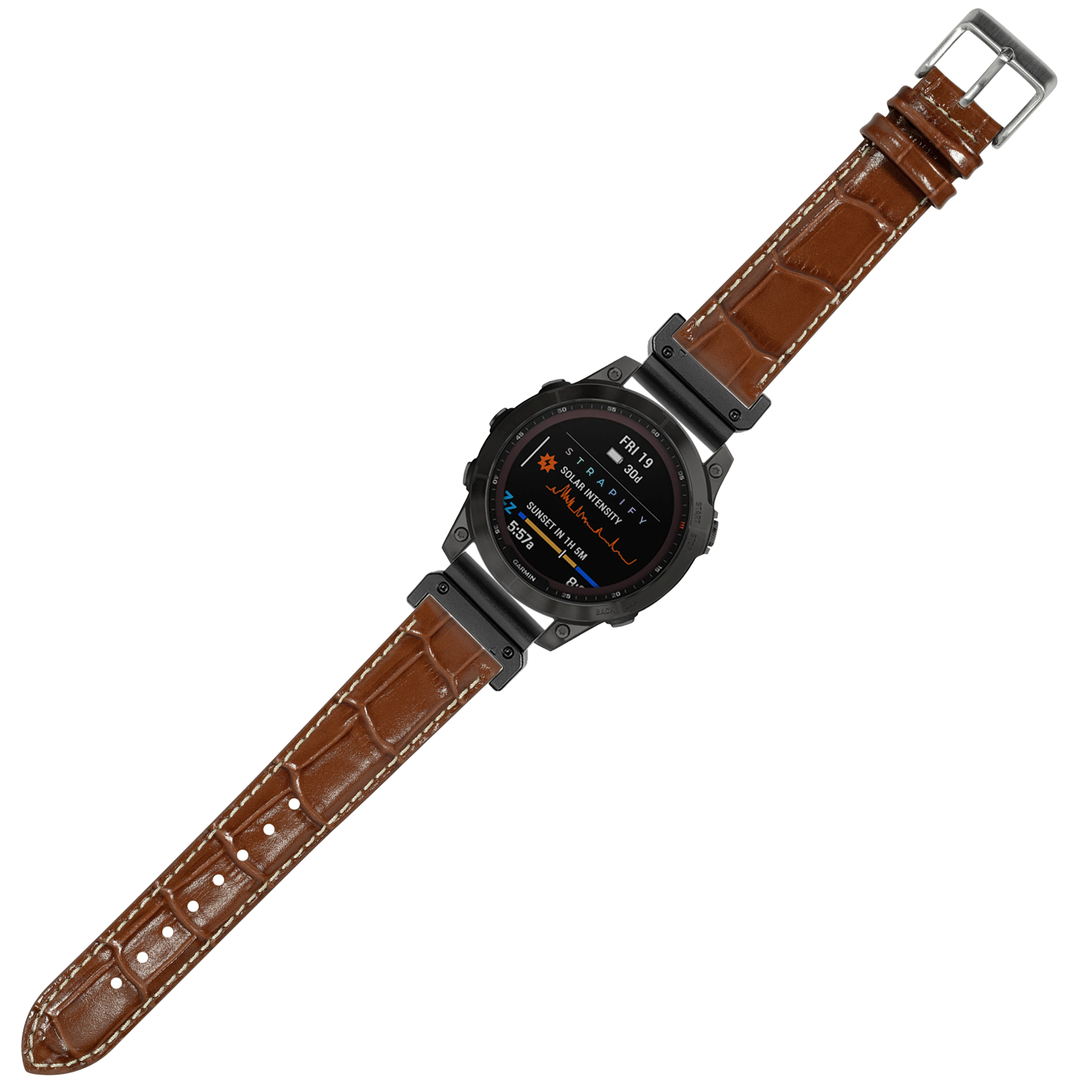 Rugged digital smartwatch with black case and brown alligator leather strap featuring contrast white stitching, 22mm QuickFit band