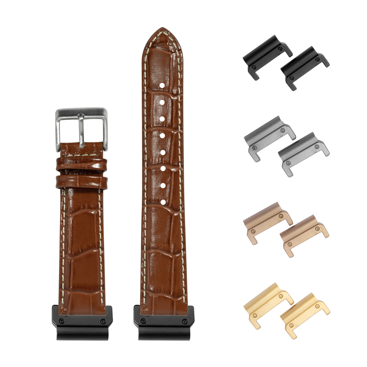 Alligator leather brown watch band 22mm with white contrast stitching, quick fit buckle, and interchangeable metal lugs in black, silver, rose gold, and gold
