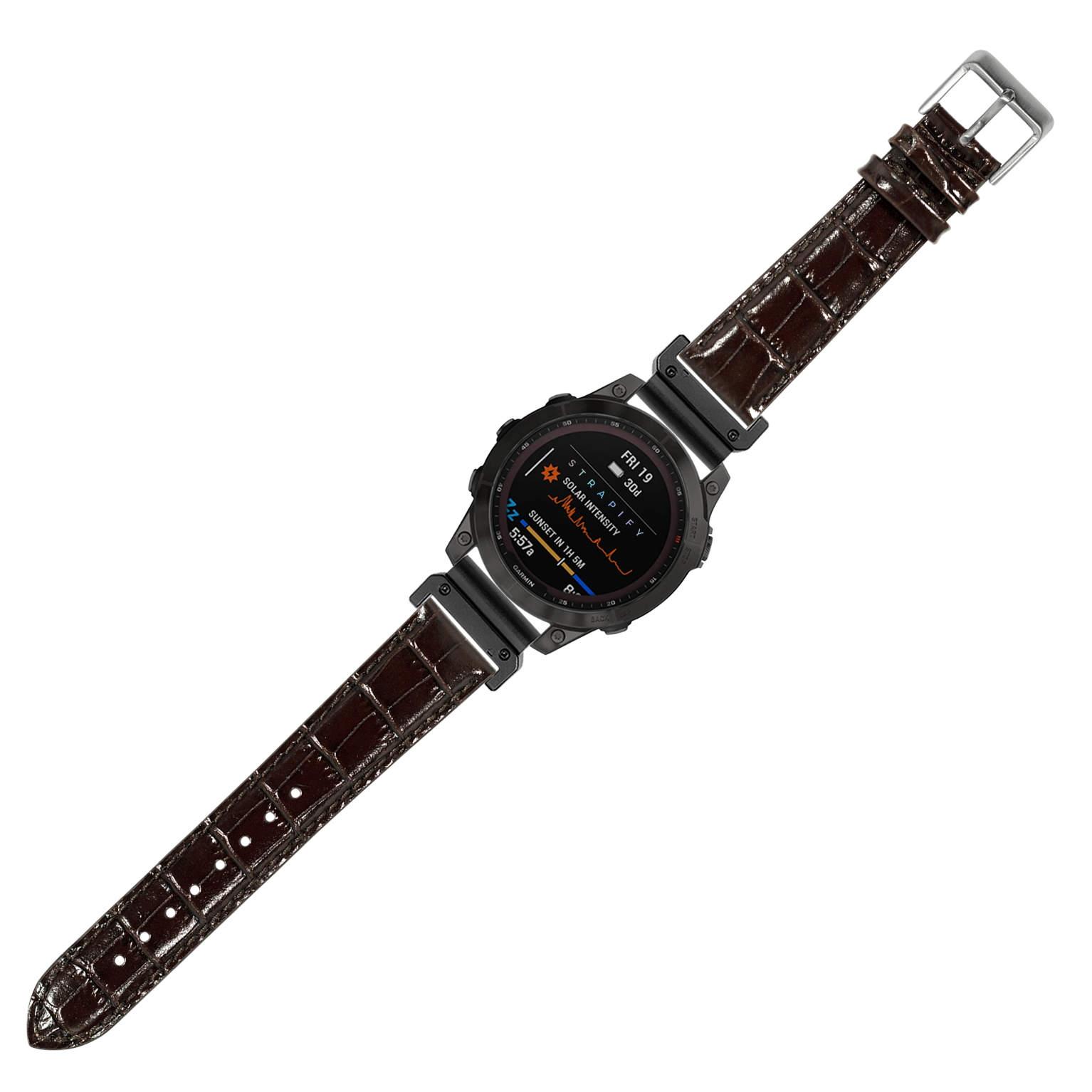 Black digital smartwatch with dark brown alligator leather band and silver buckle, displaying fitness metrics on AMOLED screen