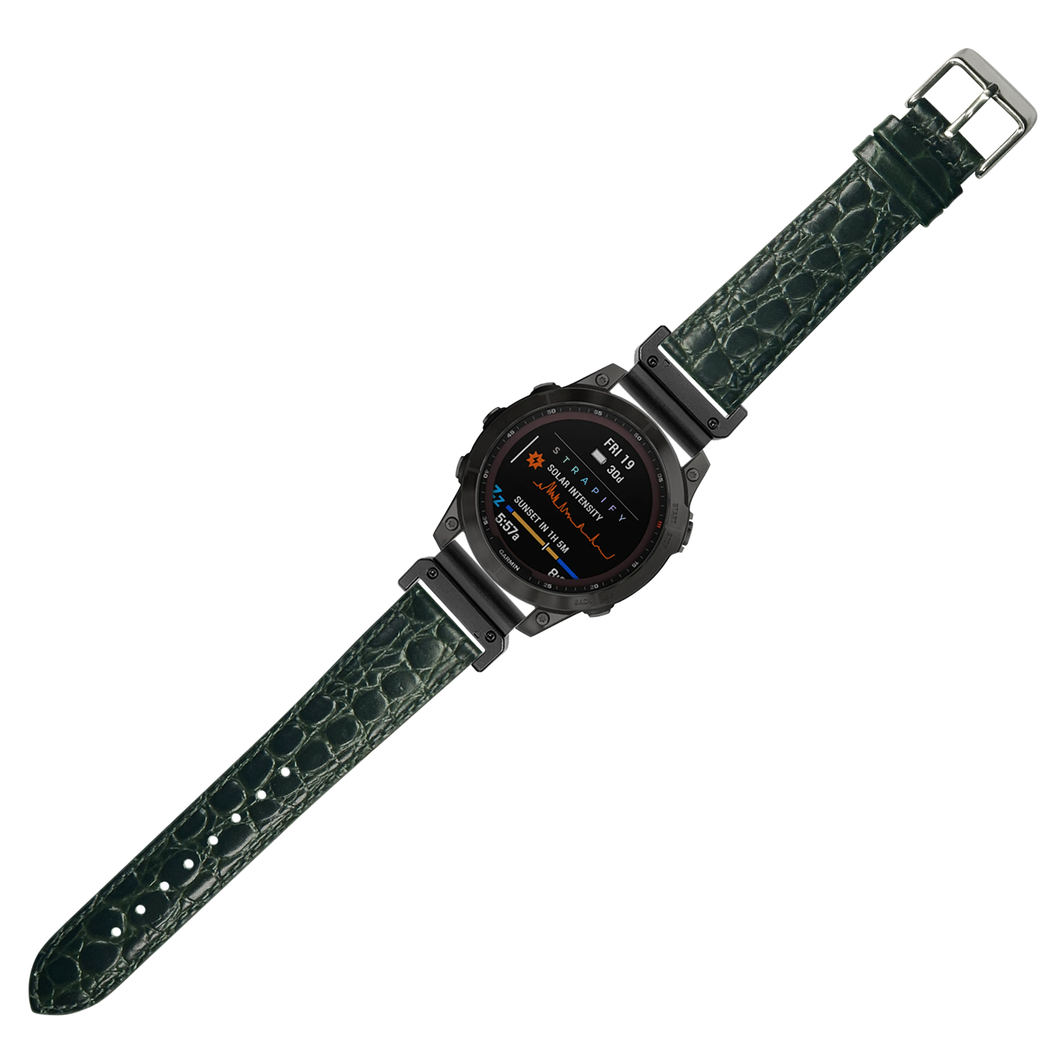 Dark green alligator leather watch band with QuickFit 22mm connector and stainless steel buckle on tactical digital smartwatch