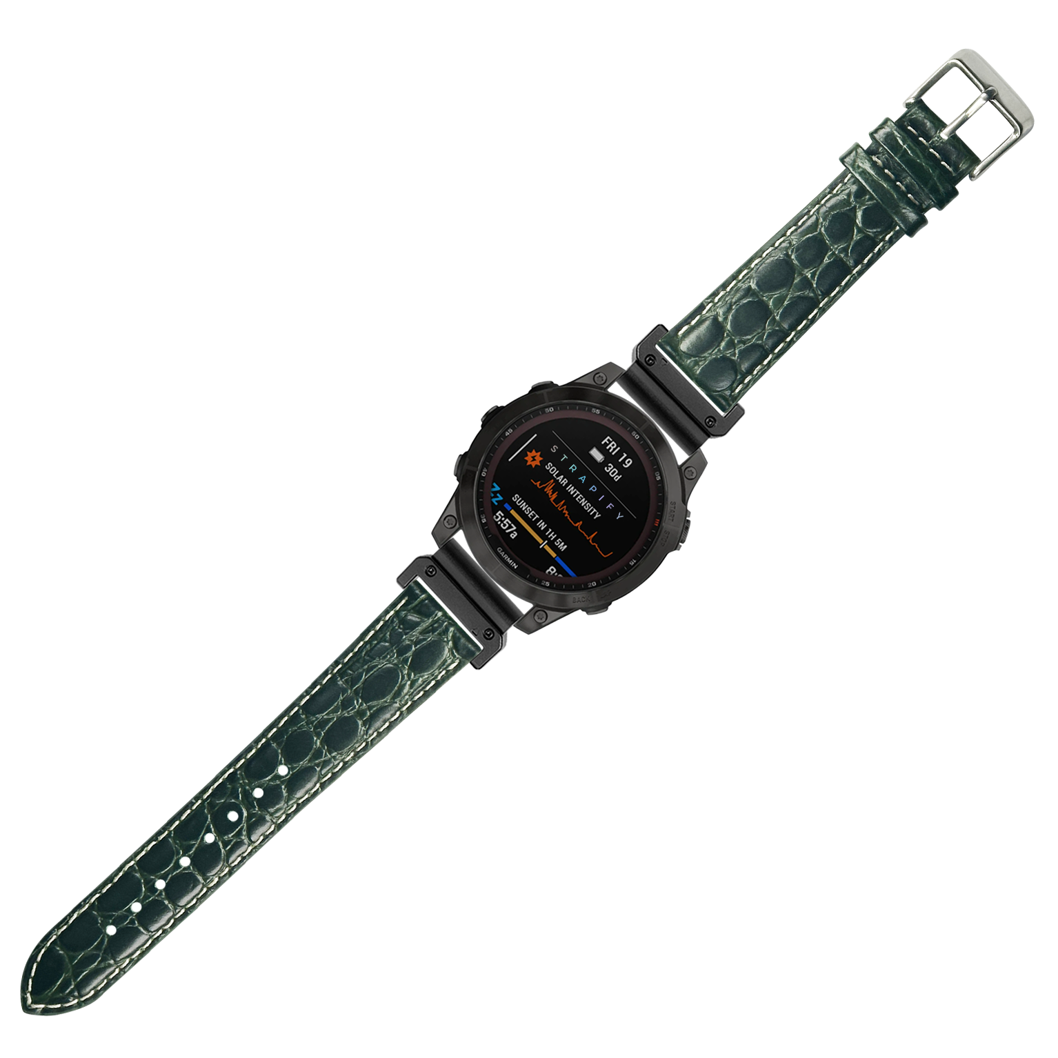 Black digital sport watch with dark green alligator leather strap and white stitching, 22mm QuickFit band