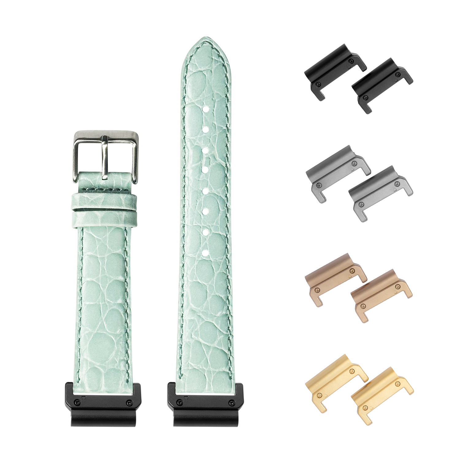 Light tiffany blue alligator leather QuickFit watch strap 22mm with interchangeable metal lugs in black, gunmetal, rose gold and gold finishes