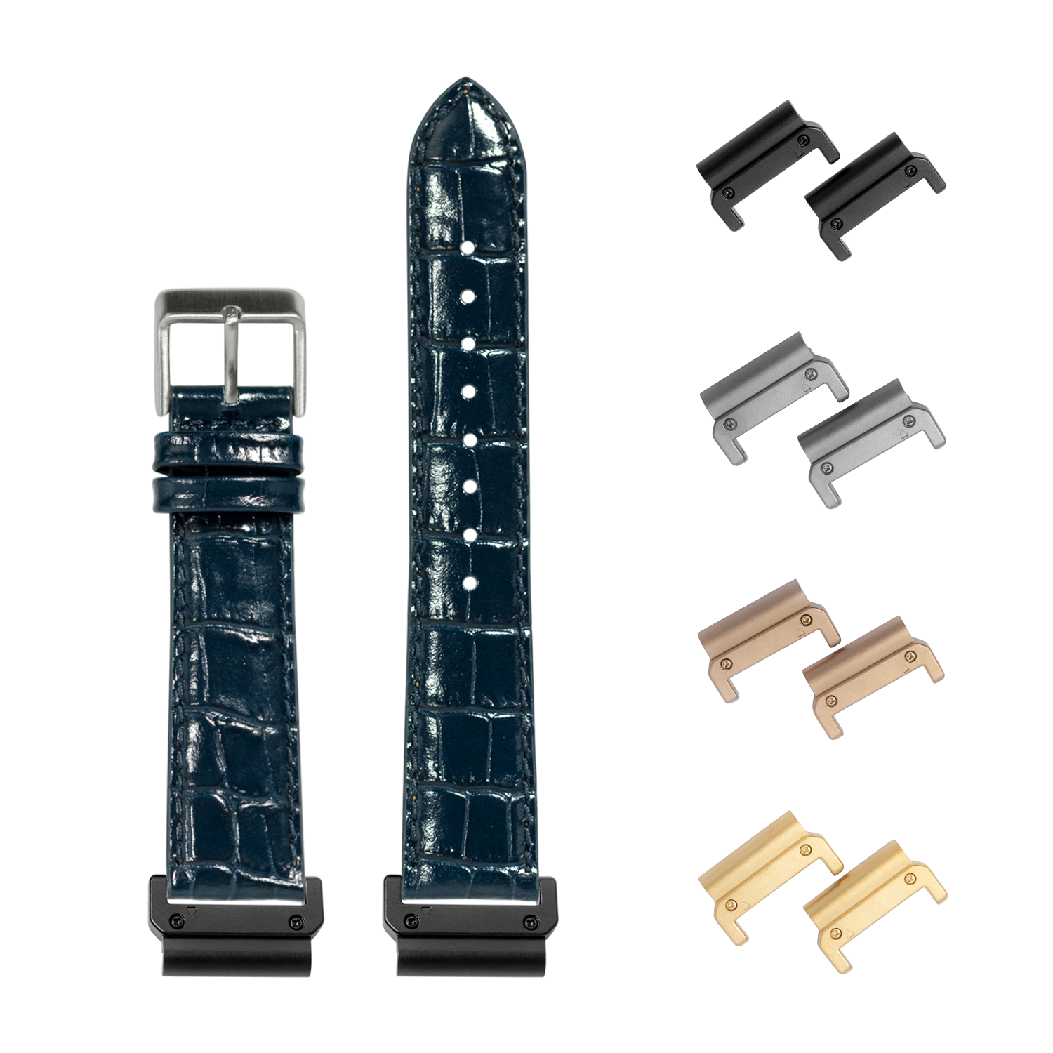 QuickFit navy blue alligator leather watch strap 22mm with interchangeable metal lugs in black, silver, rose gold and gold finishes