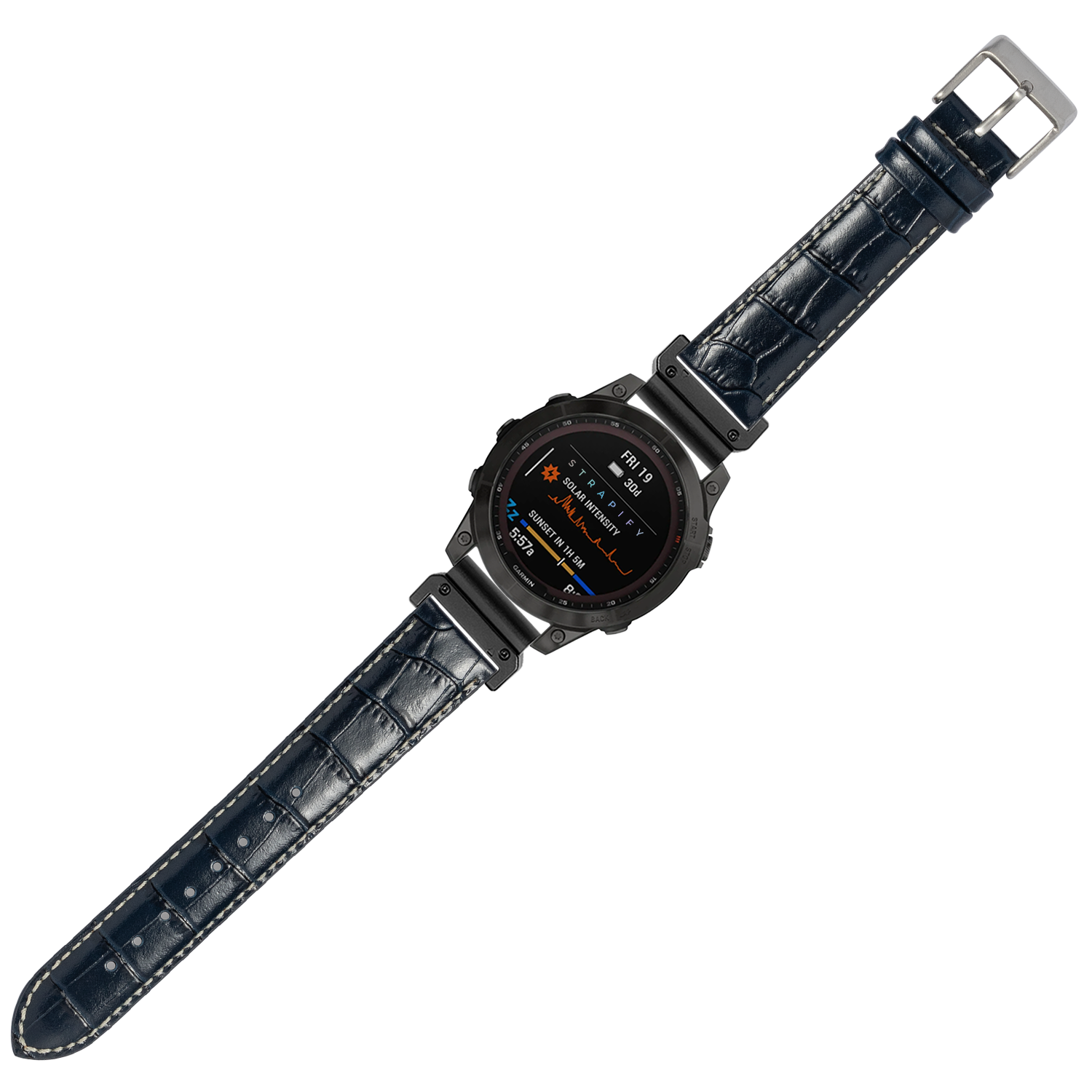 Navy blue alligator leather smartwatch band 22mm with white stitching and stainless steel buckle on digital watch display