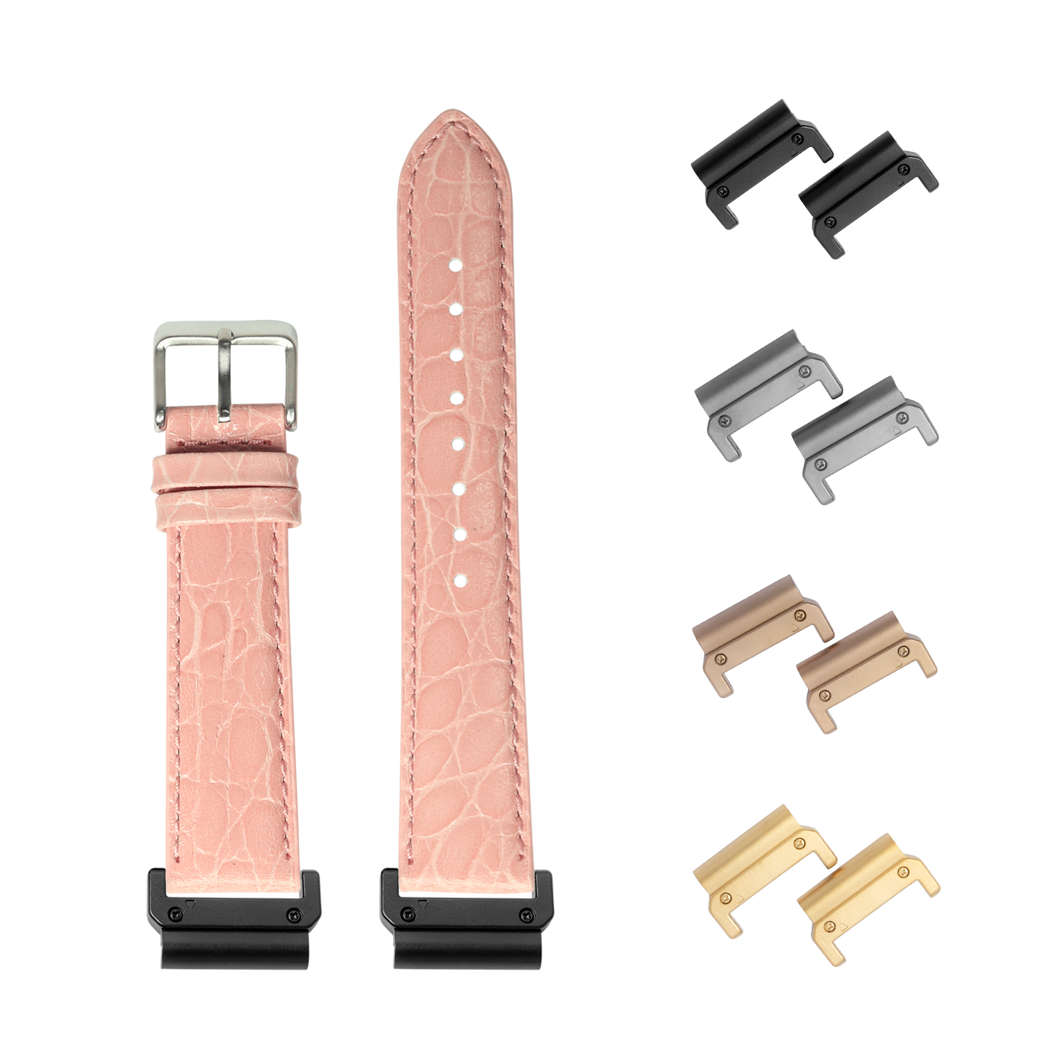 Pink alligator leather QuickFit watch band 22mm with interchangeable metal lugs in black, silver, bronze and gold finishes