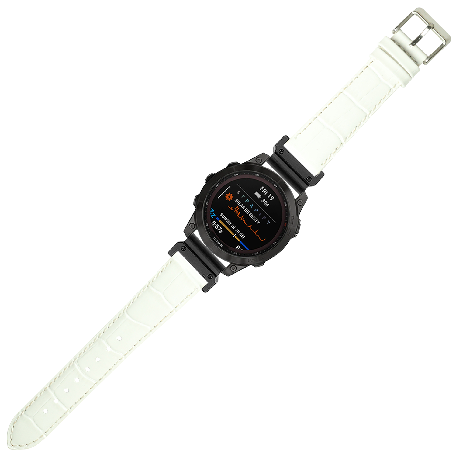 Black sport smartwatch with AMOLED display and white alligator leather QuickFit band, showing fitness metrics and date display