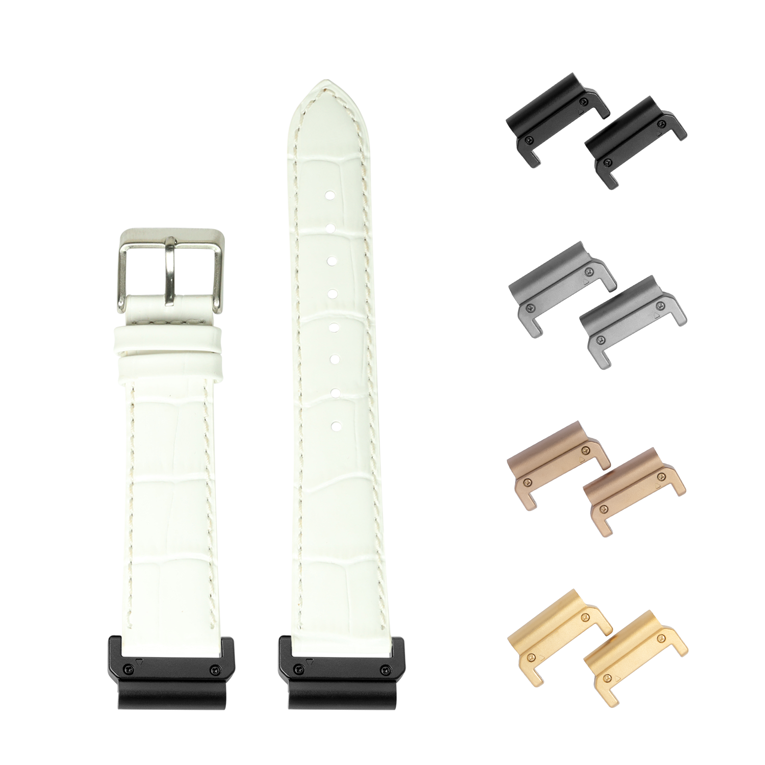 QuickFit white alligator leather watch strap 22mm with interchangeable metal lugs in black, silver, rose gold and gold finishes