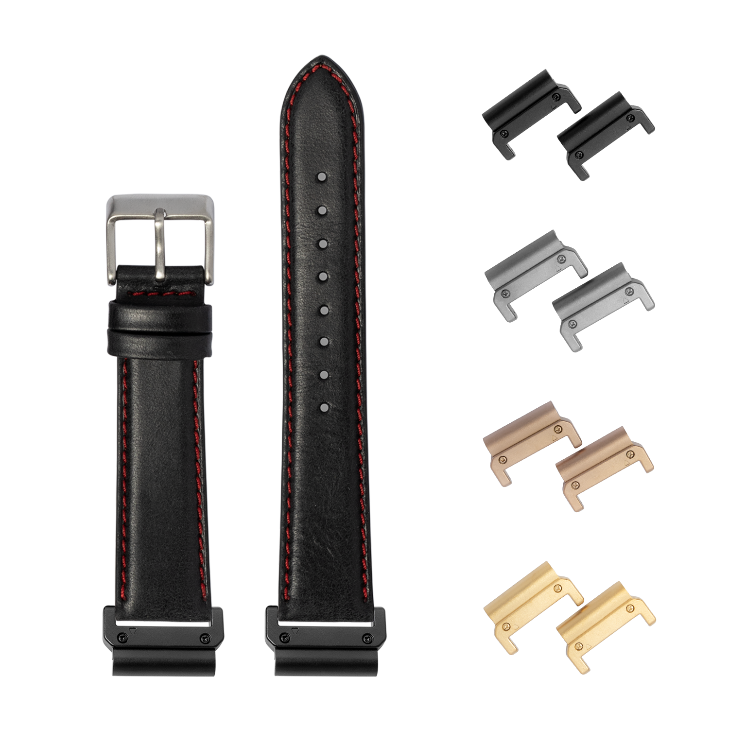 Black leather watch band 22mm with red stitching, quick-release pins, and interchangeable metal lugs in silver, gold, and bronze