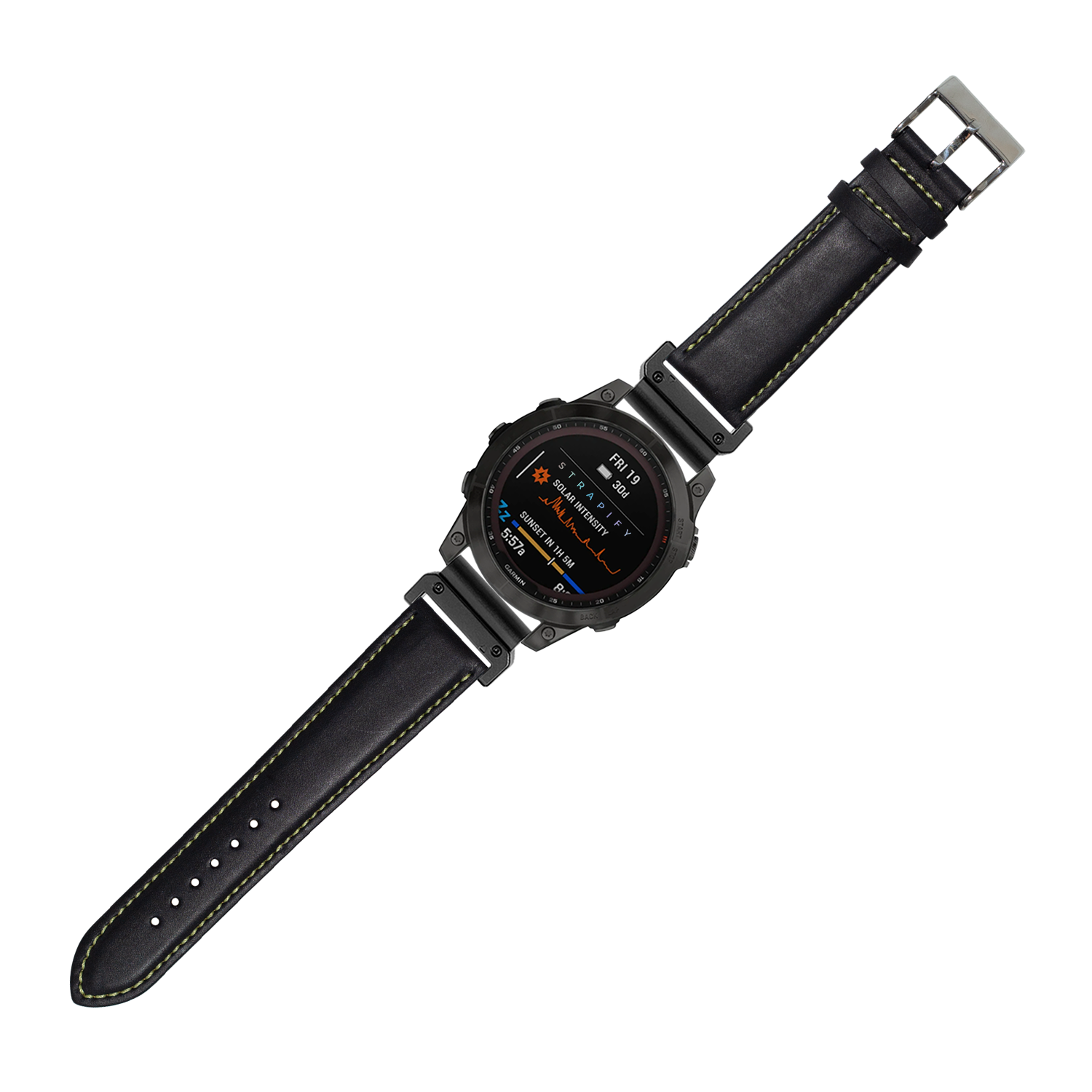 Black leather smartwatch band with yellow stitching, 22mm QuickFit padded strap with stainless steel buckle