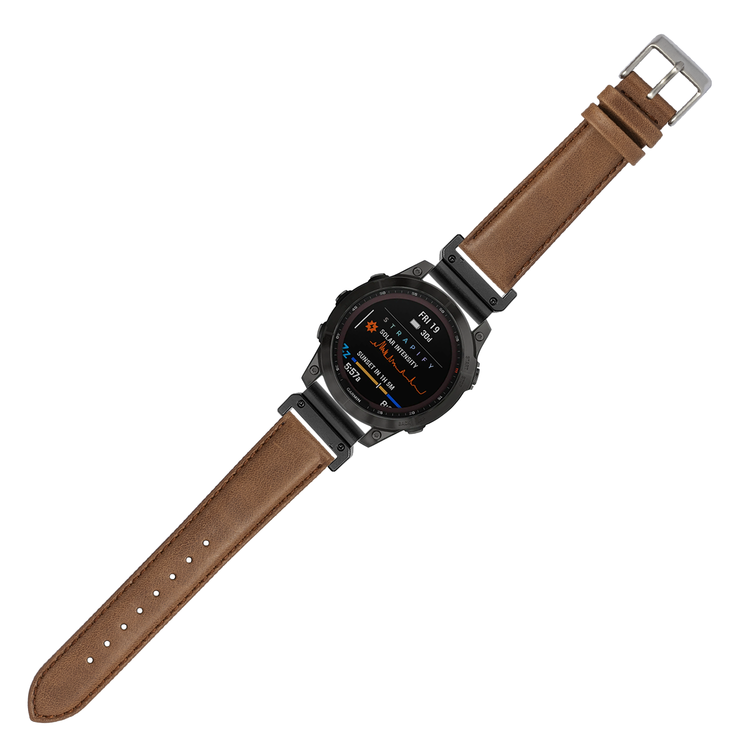 Black digital smartwatch with brown leather padded QuickFit band, metallic hardware, and AMOLED display showing fitness metrics