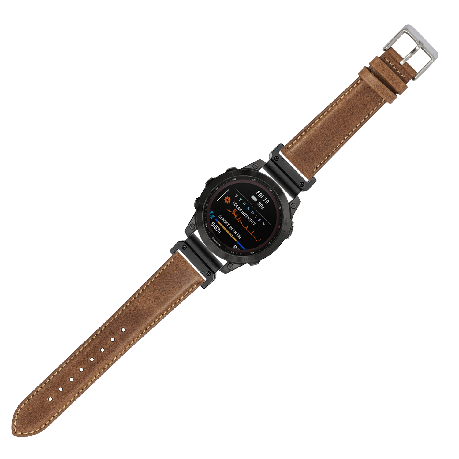 Black digital smartwatch with brown leather QuickFit band, silver buckle, and beige stitching display