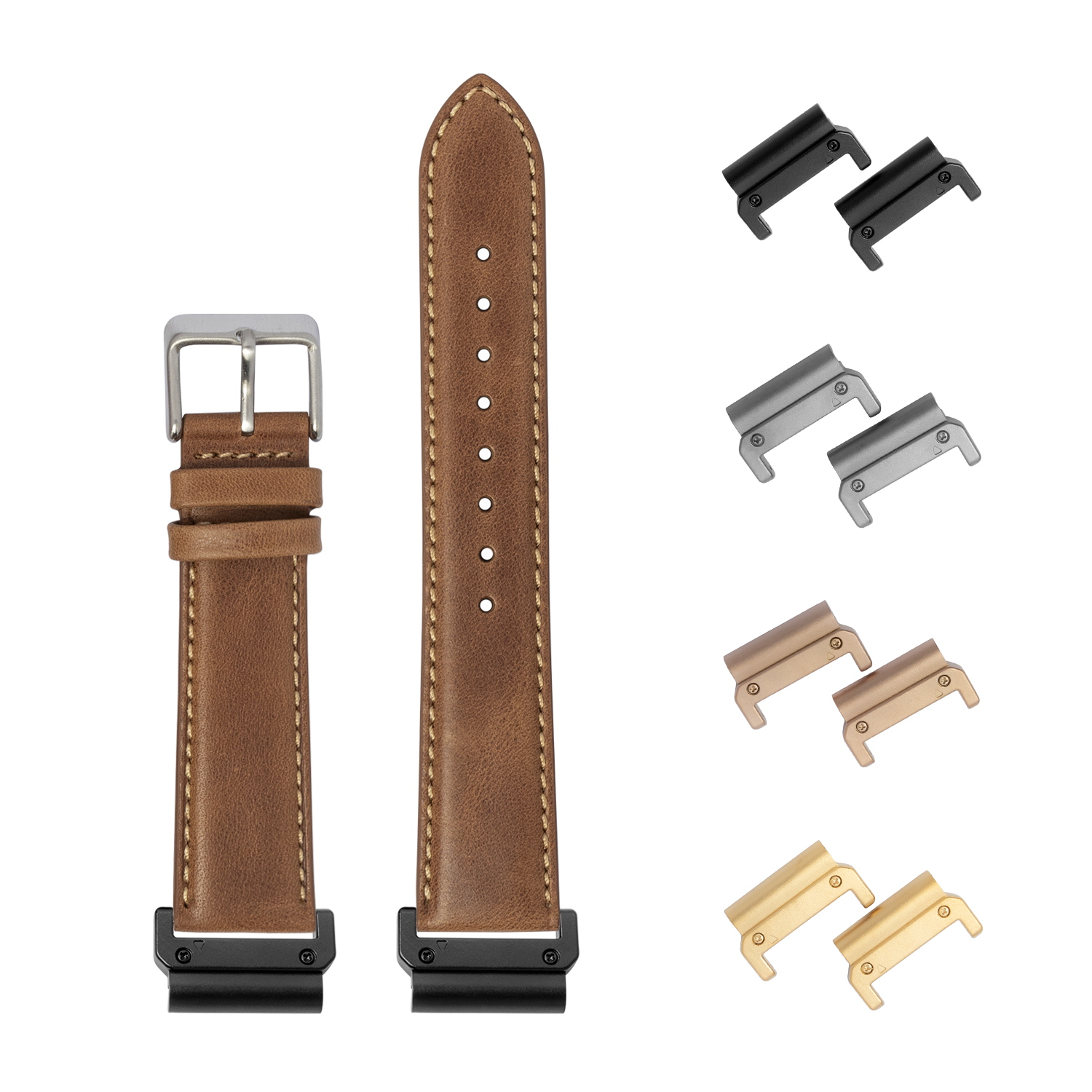 Brown leather QuickFit watch band 22mm with beige stitching, interchangeable metal lugs in black, silver, rose gold and gold finishes