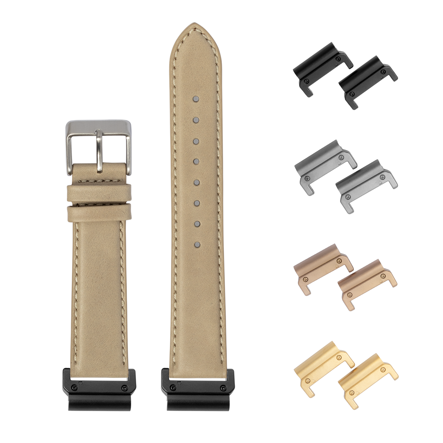 QuickFit 22mm cream padded leather watch band with interchangeable metal connectors in black, silver, rose gold and gold finishes