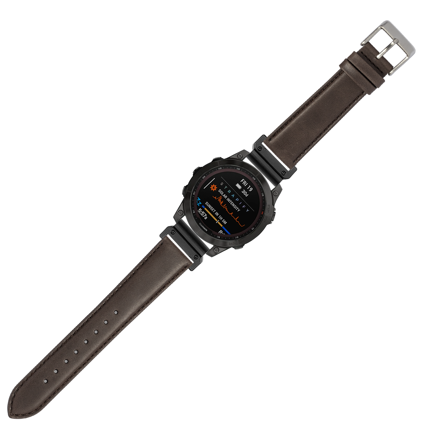 Tactical digital smartwatch with black case and dark brown padded leather QuickFit strap, featuring AMOLED display with orange text